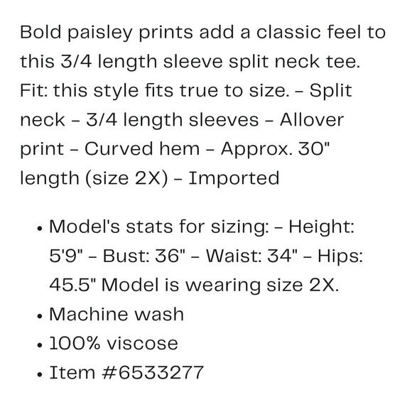 Lucky Brand Womens Paisley Multicolor 3/4 Sleeve Border Print Blouse Size 2XL - Picture 11 of 12